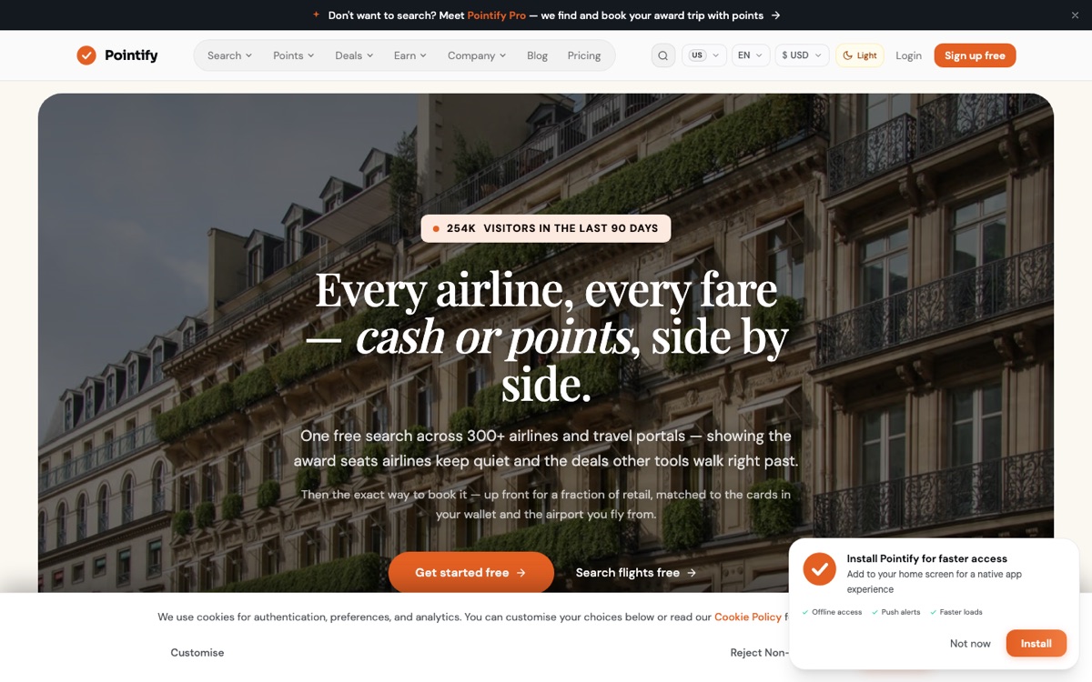 Pointify Travels homepage screenshot