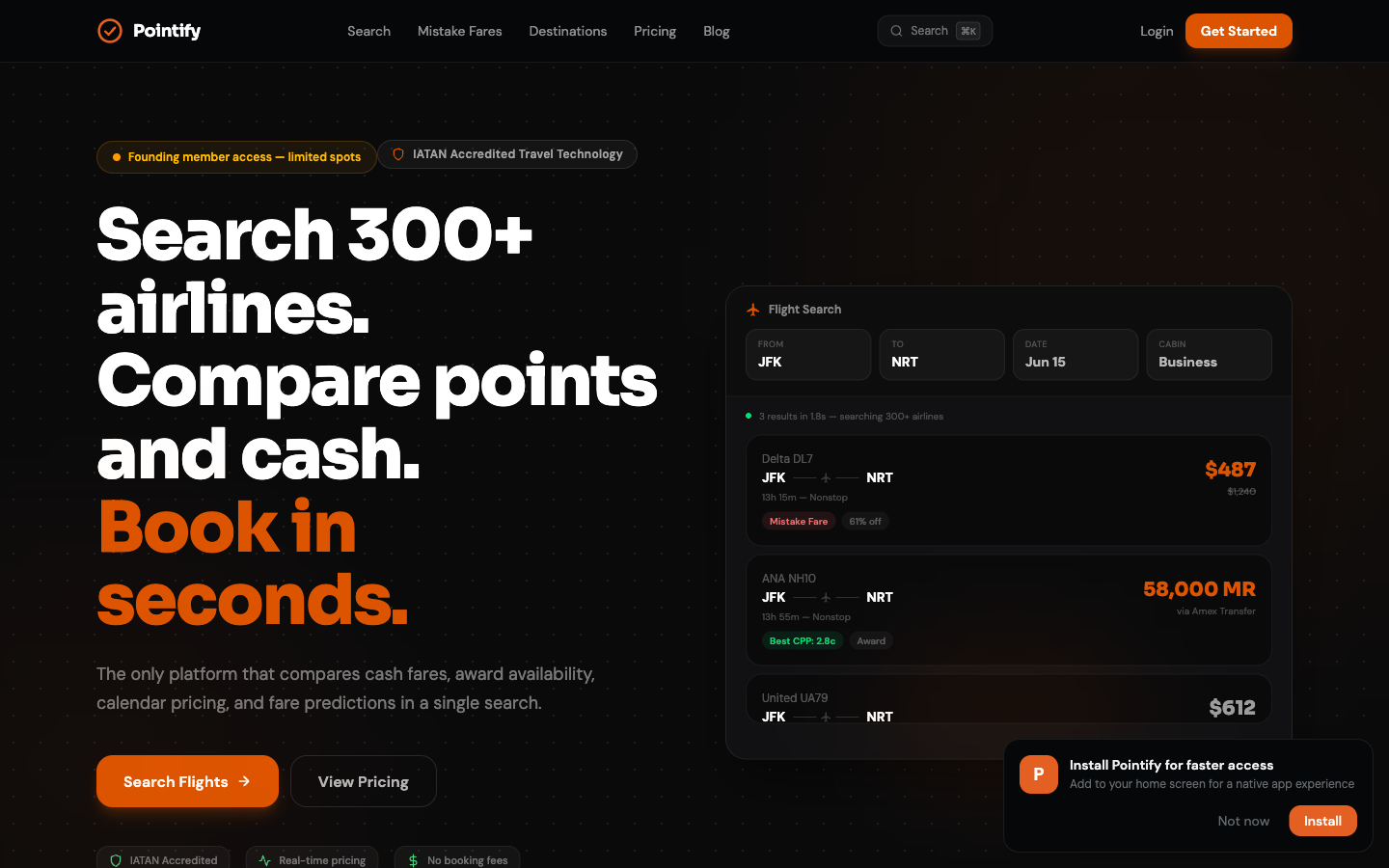 Pointify Travels homepage screenshot