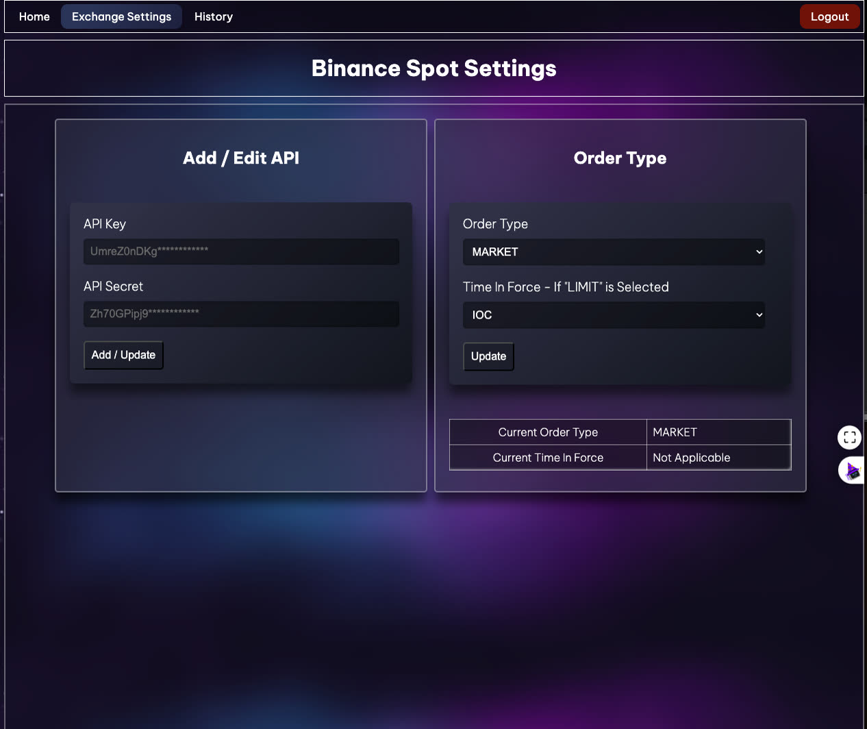 Exchange Settings Interface