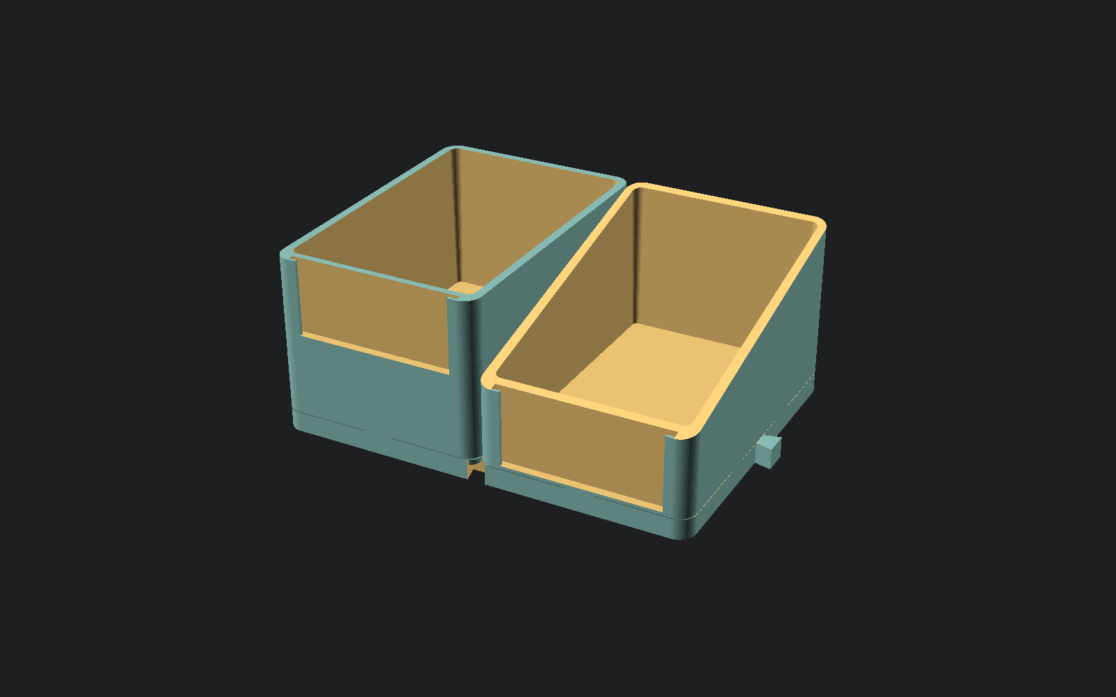 A straight bin beside an angled-front bin on one baseplate