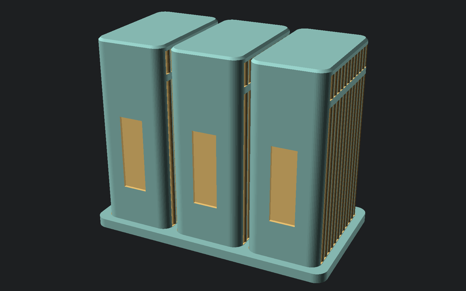 Three capsules seated in a baseplate